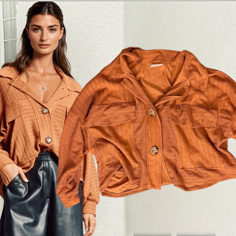 Bucketlist Ribbed Knit Button Down Shacket Terracotta Rust Large